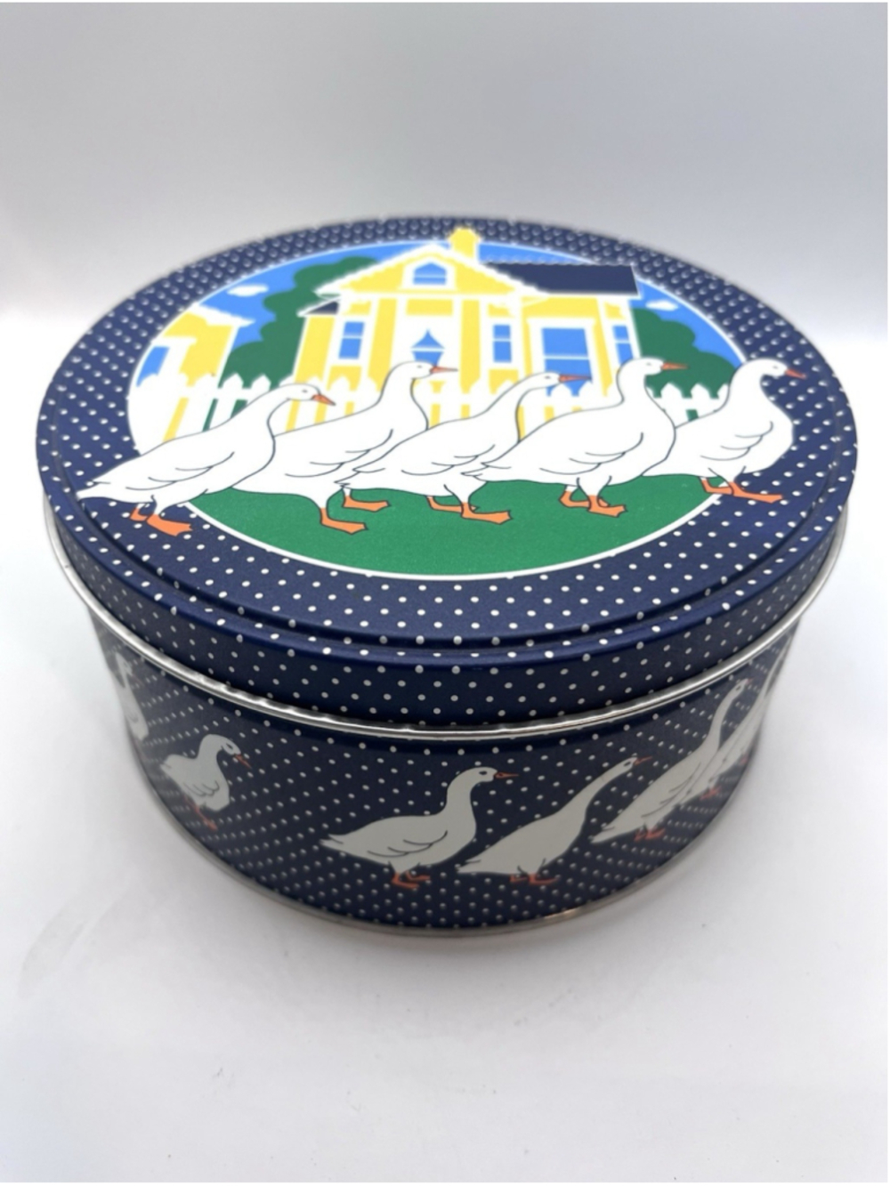 Vintage Country Goose Metal Tin Container Canister Farmhouse Geese Round Blue